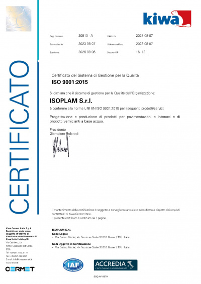 Certificato del Sistema di Gestione per la qualità ISO 9001:2015