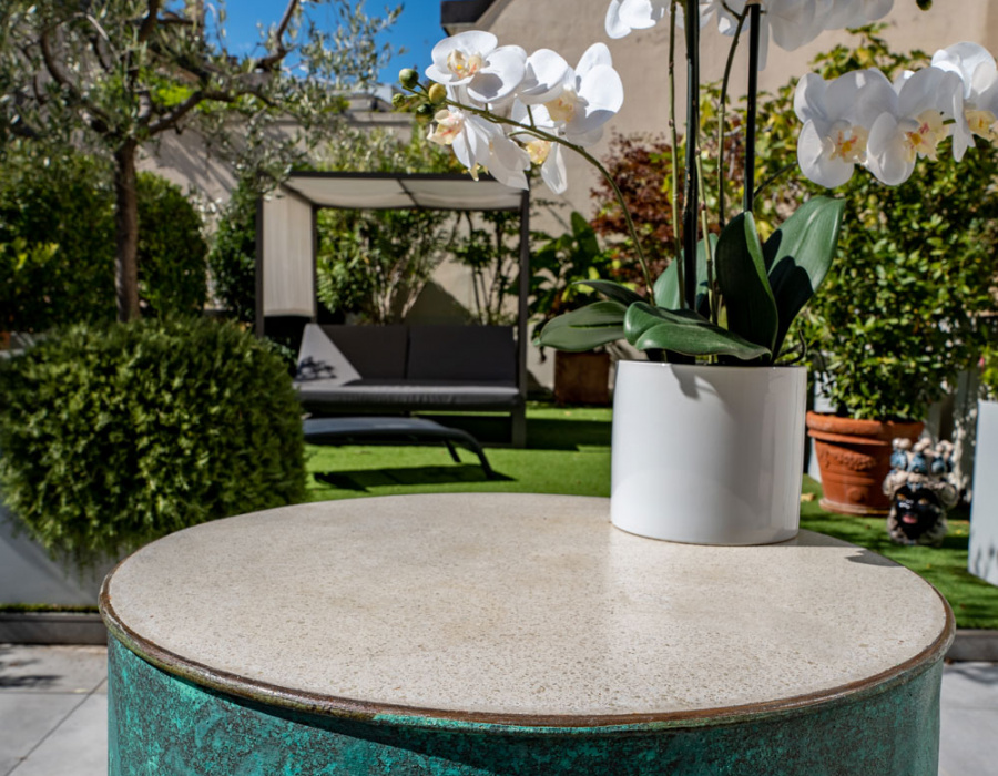 Oxydecor Verderame, verdigris garden table covering. Padua, Italy